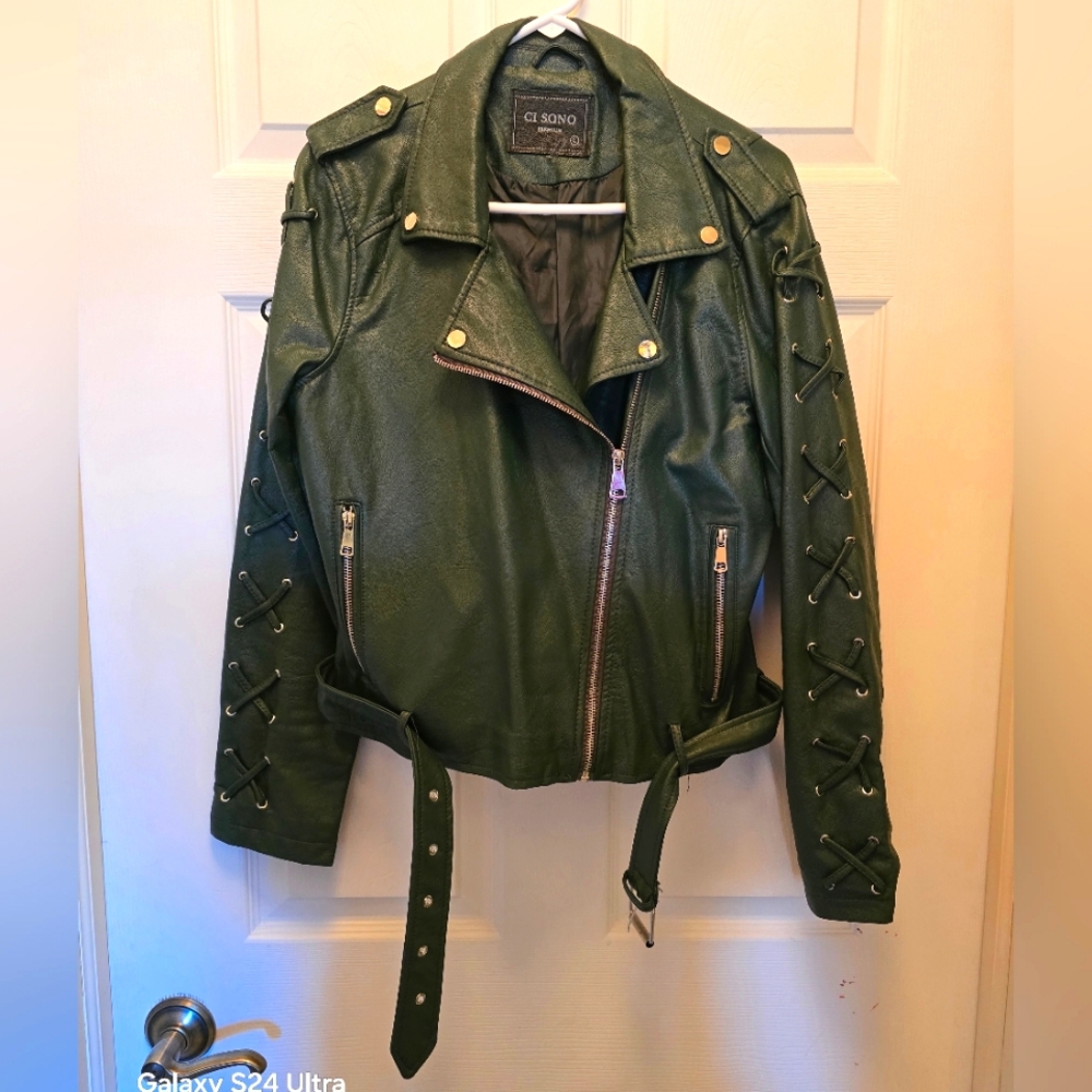 CiSono Green Faux Leather Jacket with Lace-Up Sleeves